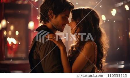 Festive Romance: Young Couple in Love Dancing in Beautiful Outfits on New Year's Eve 110555515