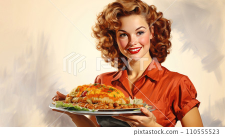 Vintage Banner: Housewife Serving Delicious Roasted Poultry - Generative AI Vintage Banner: Housewife Serving Delicious Roasted Poultry - Generative AI 110555523