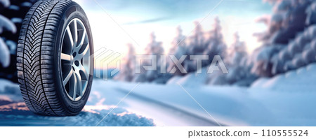 Winter Road Grip: Snow Tires on Snowy Icy Road - Generative AI Winter Road Grip: Snow Tires on Snowy Icy Road - Generative AI 110555524