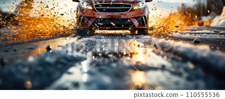Snowy Road Conditions: Car with Winter Tires Handling Icy Weather - Generative AI 110555536