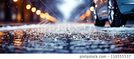 Winter Travel Preparations: Vehicle with Snow Tires on Icy Road - Generative AI 110555537