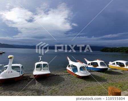 Eastern Hokkaido Lake Kussharo Lake shore with sand bath Duck boat Eastern Hokkaido Lake Kussharo Lake shore with sand bath Duck boat 110555804