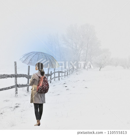 A woman holding an umbrella in the snow A woman holding an umbrella in the snow 110555813