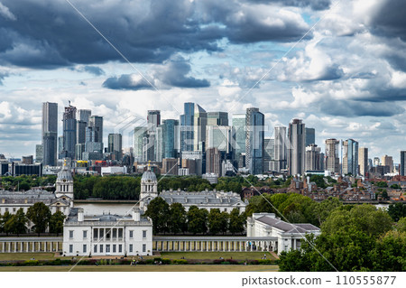 Skyline With Modern Business Buildings And Royal Naval College From The Greenwich Observatory Hill In London, United Kingdom 110555877