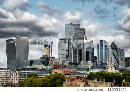Skyline Of Financial District With Modern Office Skyscraper Building Behind London Tower In The Center Of London, United Kingdom Skyline Of Financial District With Modern Office Skyscraper Building Behind London Tower In The Center Of London, United Kingdom 110555951