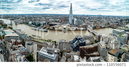 Panorama View Of London From Sky Garden With River Thames, The Shard, Warship Belfast And Towerbridge In The United Kingdom 110556071