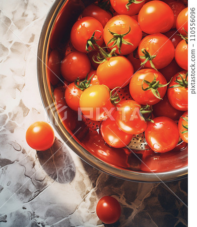 AI-generated content. Fresh cherry tomatoes, top view with copy space, AI generated 110556096