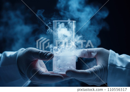Medical worker holds in hands frozen test tube near in cryo IVF laboratory. Cryopreservation in Liquid Nitrogen cryostorage in modern lab. Concept of research 110556317