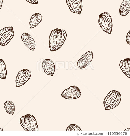 Vector seamless pattern of line art almond. Hand painted nuts on pastel beige background. Tasty food illustration for design, print, fabric or background. 110556676