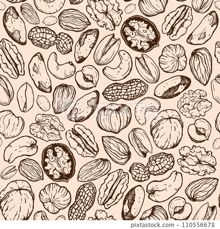 Vector seamless pattern of line art mix nut. Hand painted nuts on pastel beige background. Tasty food illustration for design, print, fabric or background. 110556678