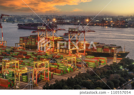 Night view from Telecom Center observation deck Gantry crane Container ship 110557054