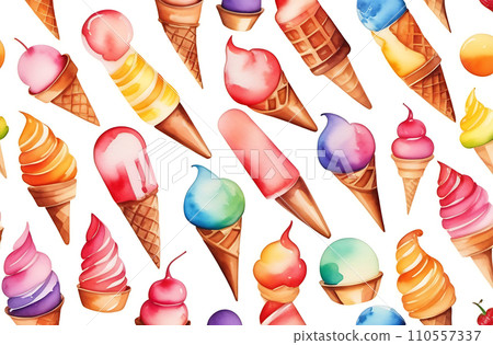 A set of different ice cream balls in waffle cones, isolated on a white background, watercolor style 110557337