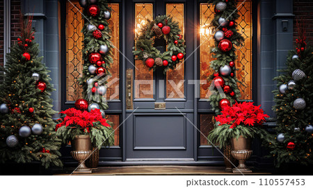 Decorated front door with christmas tree and red baubles Decorated front door with christmas tree and red baubles 110557453