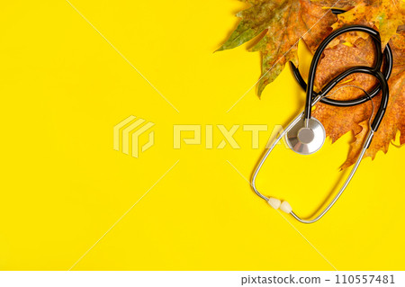 stethoscope with autumn leaves on yellow background with copy space, autumn medicine stethoscope with autumn leaves on yellow background with copy space, autumn medicine 110557481