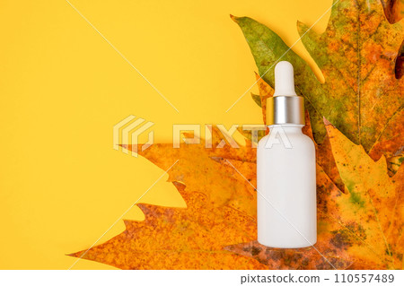 White cosmetic dropper bottle with dry falling leaves on yellow background. Autumn composition. Concept of natural and organic skincare products White cosmetic dropper bottle with dry falling leaves on yellow background. Autumn composition. Concept of natural and organic skincare products 110557489