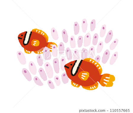 Hand-drawn illustration of a clownfish [tropical fish] hiding in a sea anemone 110557665