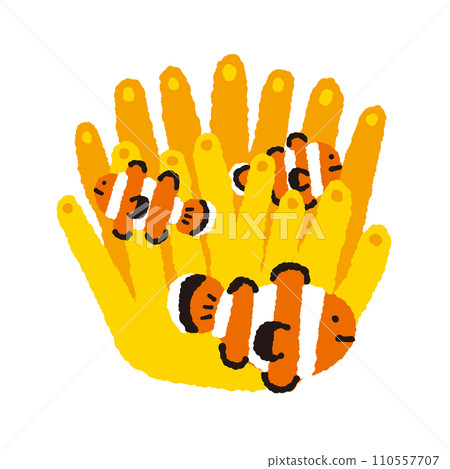 Hand-drawn illustration of a clownfish [tropical fish] hiding in an anemone 110557707