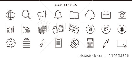 標準圖示集 2，如放大鏡、擴音器、商務等。 110558826