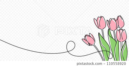 Continuous one line drawing of beautiful spring flowers vector design. Single line art illustration bouquet of pink tulips on transparent background 110558920