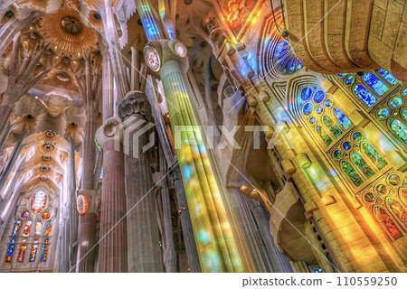 Light shines through the stained glass 110559250