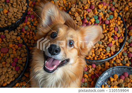 AI-generated content. Delightful Corgi dog with fluffy golden fur, sitting amidst a plethora of colorful dog biscuits in various shapes, ideal for marketing pet nutrition products, creating engaging 110559904