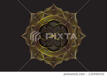 Gold Sacred lotus mandala, Mystical Flower of Life. Sacred geometry, vector logo graphic element isolated. Mystic icon seed of life, luxury abstract geometric esoteric flower on black background 110560242