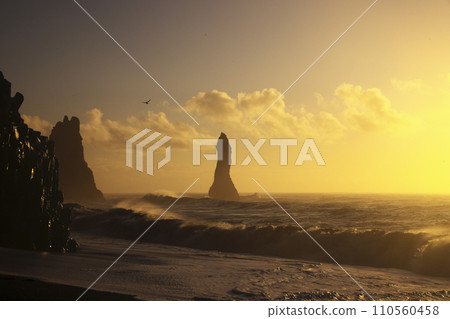 Big waves washing over a black sand beach in Iceland 110560458