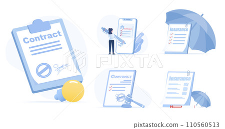 Business contract collection set. Agreement and signing signature, legally binding documents, house contracts, terms, conditions, checklist, policy list. Flat vector design illustration. 110560513