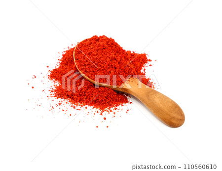 Wooden scoop spoon full of red hot chili pepper 110560610