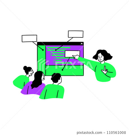 Cartoon Color Web Development Concept Scene with Character Girl and Coding Workshop Flat Design Style. Vector illustration 110561008