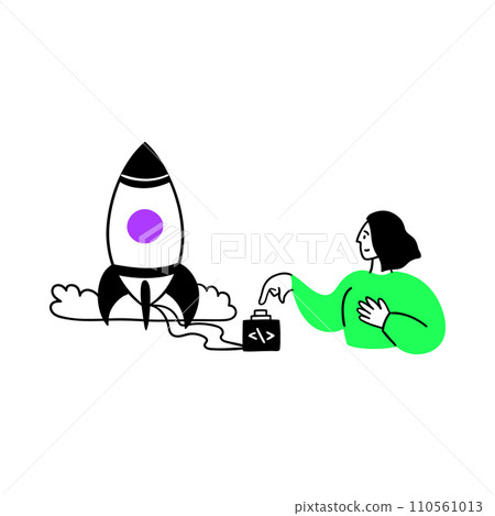 Cartoon Color Web Development Concept Scene with Character Girl and Rocket Start Up Flat Design Style. Vector illustration Cartoon Color Web Development Concept Scene with Character Girl and Rocket Start Up Flat Design Style. Vector illustration 110561013