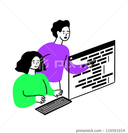 Cartoon Color Web Development Programmer Coding Concept Scene with Character Girl and Boy Flat Design Style. Vector illustration Cartoon Color Web Development Programmer Coding Concept Scene with Character Girl and Boy Flat Design Style. Vector illustration 110561014