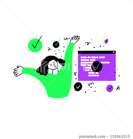 Cartoon Color Web Development Concept Scene with Character Girl and Finished Programming Flat Design Style. Vector illustration Cartoon Color Web Development Concept Scene with Character Girl and Finished Programming Flat Design Style. Vector illustration 110561015
