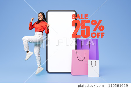 Indian Buyer Lady Shaking Fists Near Blank Smartphone Screen, Cllage 110561629