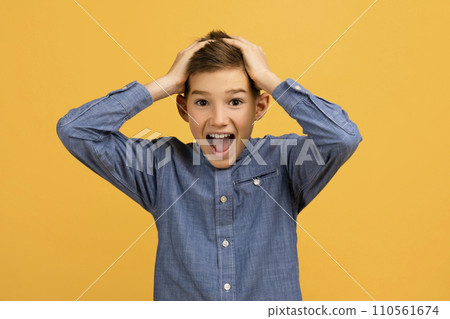 Wow. Portrait Of Shocked Teen Boy Touching Head And Looking At Camera Wow. Portrait Of Shocked Teen Boy Touching Head And Looking At Camera 110561674