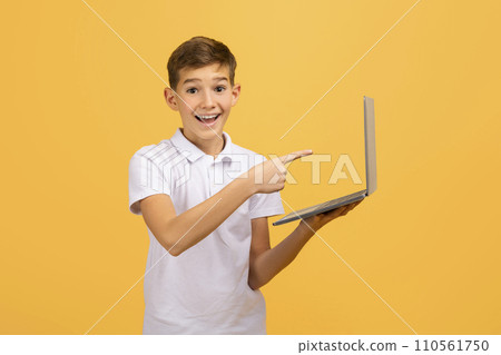 Online Education Concept. Happy teen boy pointing at laptop in his hand 110561750