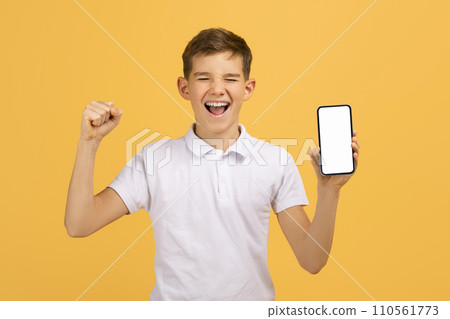 Excited Teen Boy Holding Smartphone With Blank Screen And Celebrating Success, Excited Teen Boy Holding Smartphone With Blank Screen And Celebrating Success, 110561773
