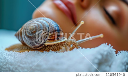 Young woman with a snail on her face 110561940