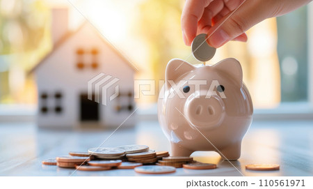 Piggy bank on house background. Piggy bank on house background. 110561971