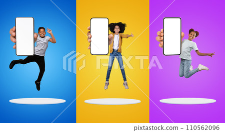 Great App. Group Of Happy Kids Jumping With Blank Smartphones In Hands Great App. Group Of Happy Kids Jumping With Blank Smartphones In Hands 110562096