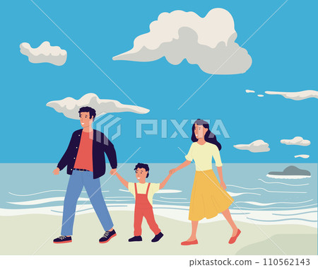 Parents and kid. Cartoon people walking together with happy child. Family outdoor leisure. Family travel. Sea beach. Mother and father holding baby s hand. Vector parenthood concept Parents and kid. Cartoon people walking together with happy child. Family outdoor leisure. Family travel. Sea beach. Mother and father holding baby s hand. Vector parenthood concept 110562143