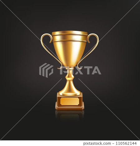 Trophy cup. 3d gold award for soccer or football golden champion winner, sport championship win. Leadership and success symbol. Achievement sign. Vector realistic prize isolated Trophy cup. 3d gold award for soccer or football golden champion winner, sport championship win. Leadership and success symbol. Achievement sign. Vector realistic prize isolated 110562144