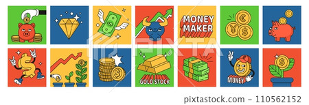 Money stickers. Cartoon finance characters, pig quote, invest coins or dollars in bank, financial collection. Retro characters with smiling faces. Vector illustration, cards design 110562152