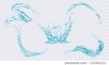 Water splash. 3d white wave, isolated blue drops on surface, realistic transparent swirl sides. Falling aqua in motion. Pure clean liquid. Drinks and beverage, vector 3d background 110562222