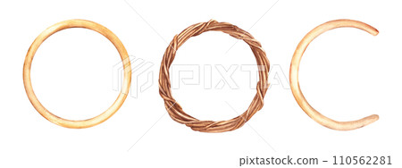 Set of decor round frames. Rustic wreath twisted from dry branches and wooden ring and semi-ring or hoop. Watercolor hand drawn illustration on white background. 110562281