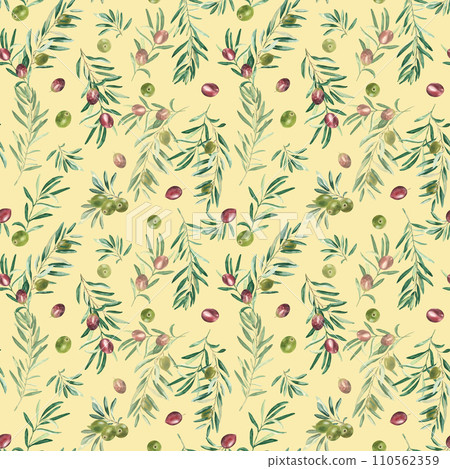 Watercolor seamless pattern with branches of green and red olives on a beige background. Can be used for textile, wallpaper prints, kitchen, food and cosmetic design. Watercolor seamless pattern with branches of green and red olives on a beige background. Can be used for textile, wallpaper prints, kitchen, food and cosmetic design. 110562359