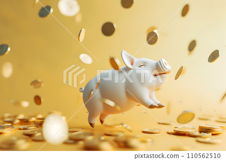AI-generated content. Crypto currency concept - white pig shaped moneybox flying with bitcoins 110562510