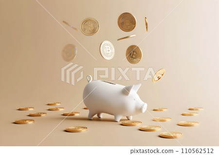 AI-generated content. Crypto currency concept - white pig shaped moneybox flying with bitcoins 110562512
