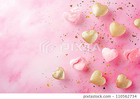Floating Pink and Gold Hearts on a Soft Pink Backdrop, watercolor style, for Love Themed Events, Valentines, Birthday Greetings Floating Pink and Gold Hearts on a Soft Pink Backdrop, watercolor style, for Love Themed Events, Valentines, Birthday Greetings 110562734