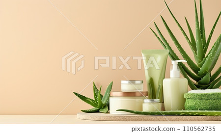 Organic aloe beauty treatment display, various containers with aloe vera Organic aloe beauty treatment display, various containers with aloe vera 110562735